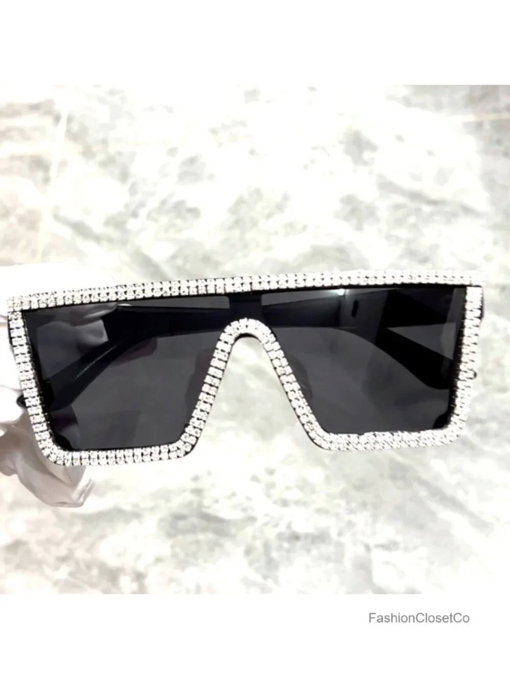 Oversized Square Bling Rhinestone Flat Top Sunglasses, UV400 Protection,